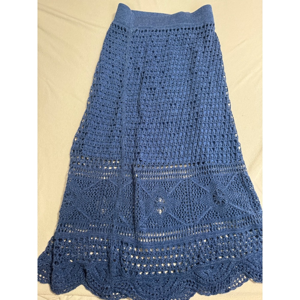 Lauren Ralph Lauren Blue Crochet Knit Maxi Skirt Petite Small Scalloped Hem